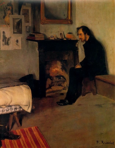 Erik Satie chez lui, à Montmartre ou à Arcueil, selon les sources, 1891. Par Santiago Rusiñol..jpg